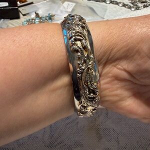 Ornate Silver-Tone Scrollwork Bangle Bracelet Vintage
